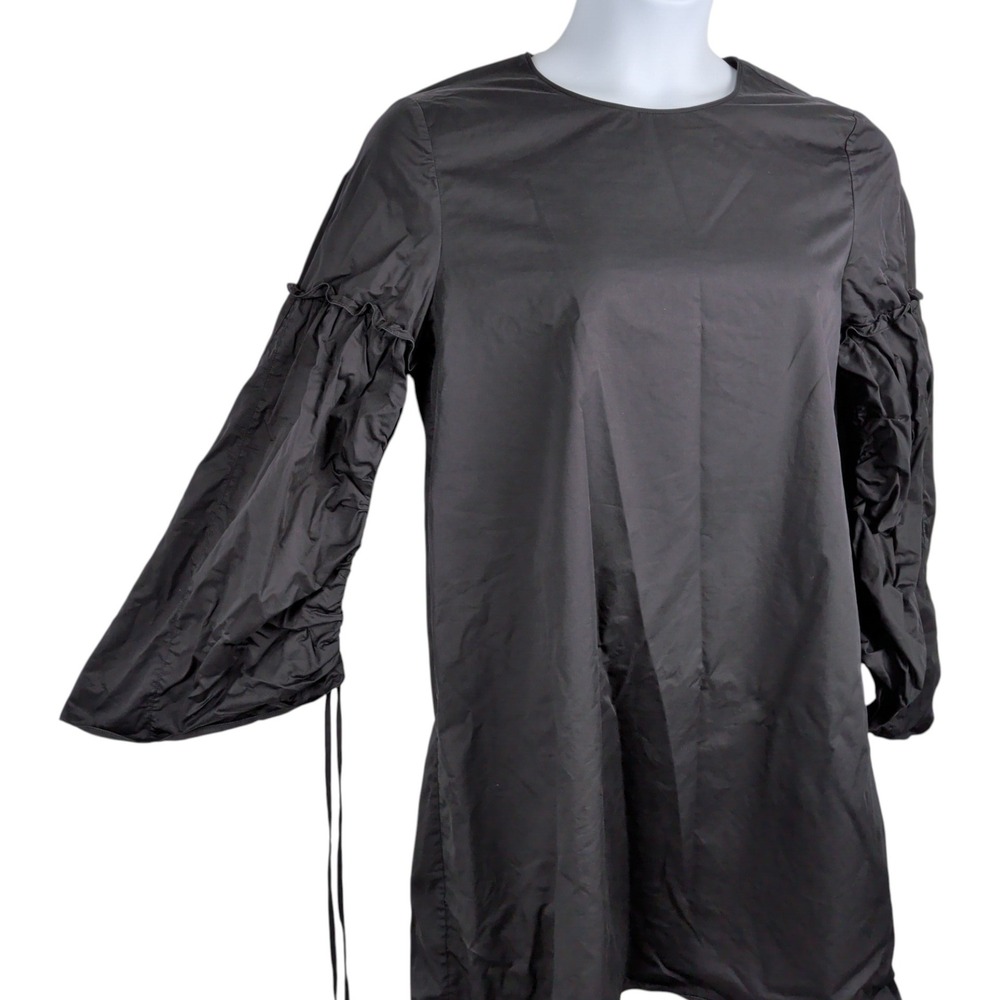 Tibi Black Cotton Poplin Ruched Balloon Sleeve Mini Dress Size 10 Minimalist